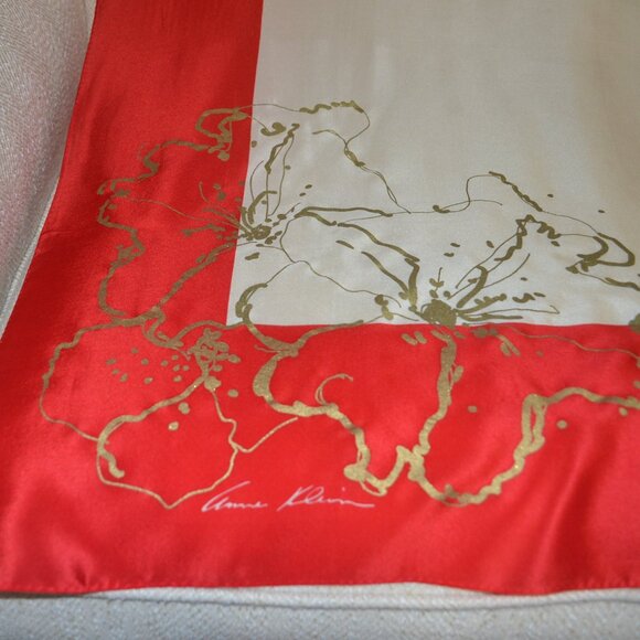 Anne Klein Silk Scarf, Signed, 40 Inches Square, Vintage Cream and Red with Gold - Picture 8 of 10